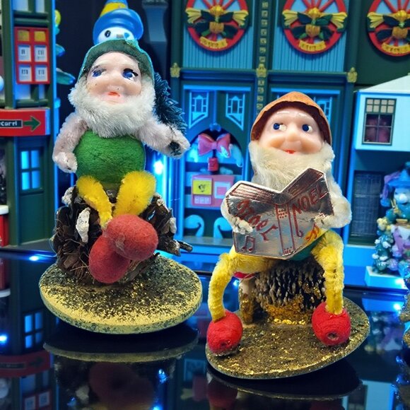 Vintage Putz Elf Ornaments 1950s Japan • Pinecone Mushroom Bottle Brush Tree - Picture 1 of 13